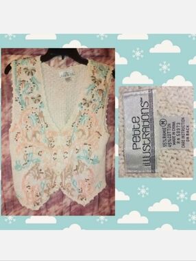 Petite Illustrations Cream/Multiclr w/Embroidered Floral Knit Sweater Vest Sz M